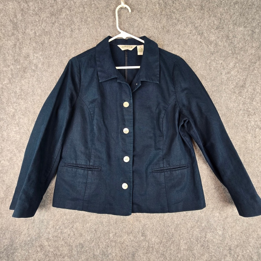Orvis Blazer Womens 12 Navy Blue Linen Cotton Blend Button Up Shell Buttons